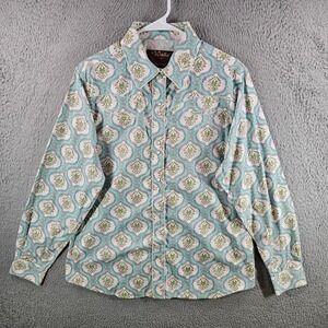 Walls Authentic Ranch Wear Womens Large Teal Floral Western Pearl Snap Shirt L
